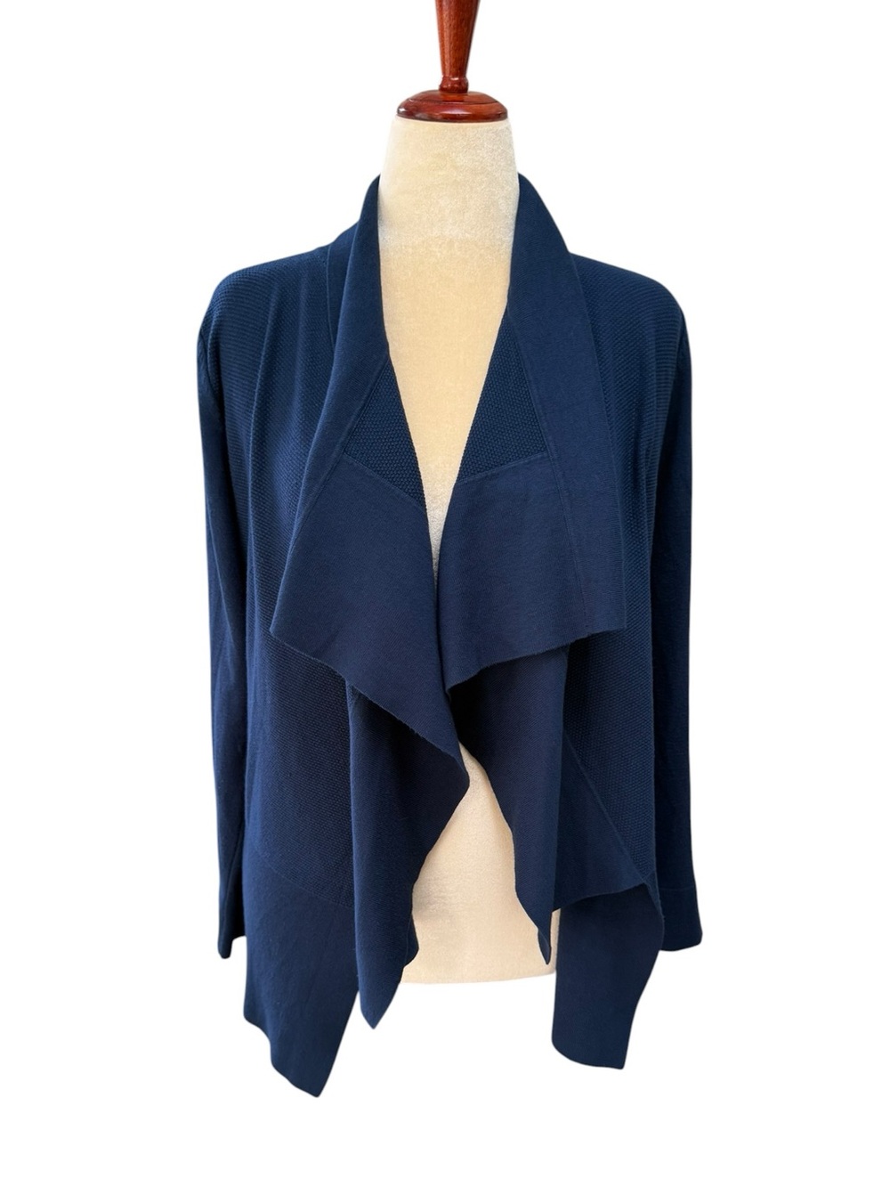 Cyrus Navy Open-Front Waterfall Draped Lightweight Knit Jacket Cardigan Blazer